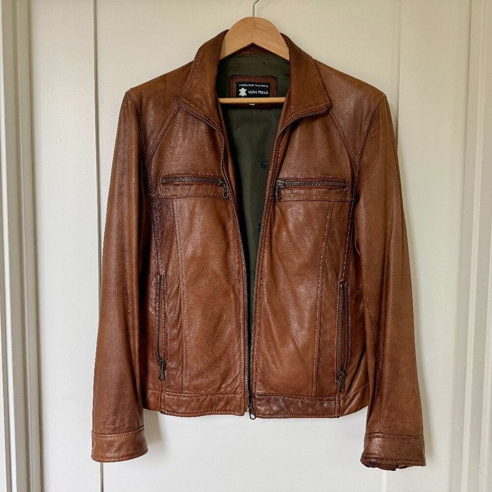 Vera Pelle biker jacket — Cognac lamb leather — Handmade in Florence — US 38 (M)